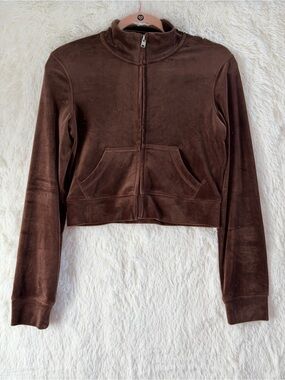 Hollister Womens Velour Crop Zip-Up Sweater XS Chocolate Brown Preppy Y2K Style